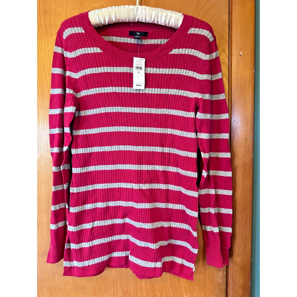 Gap Womens Medium Pink and Gray Ribbed Long Sleeved Striped 100% Cotton Sweater